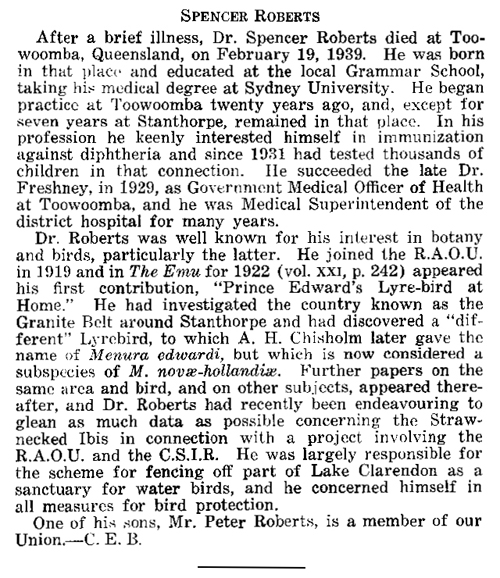 Dr Roberts Obituary - from The Emu.