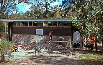 Bill Goebel and Ray Rock renovating the Bald Rock Creek camping area amenities block, February 1976.