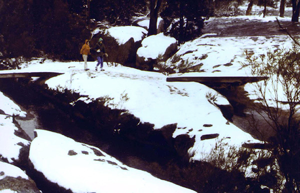 Snow covering the concrete bridges<br />over Bald Rock Creek, 1984.