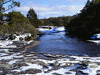 Snow-covered banks of Bald Rock Creek.