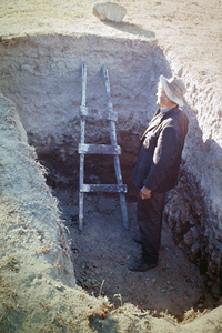 Hock standing in a toilet pit.