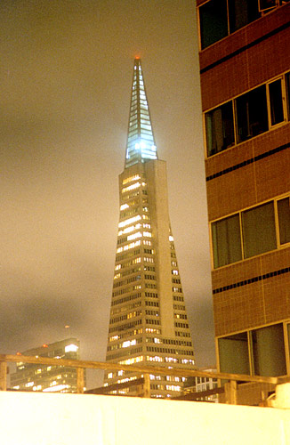 The Transamerica Building at night - view from our doorway.