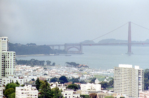South end of the Golden Gate Bridge and city suburbs.