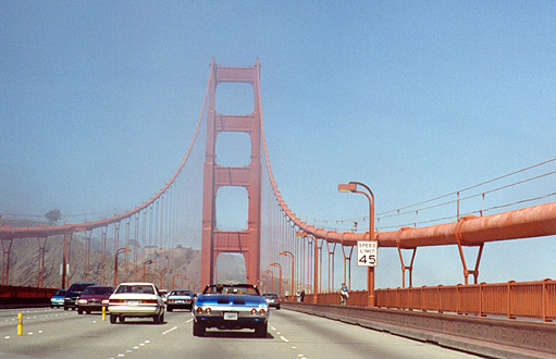 Driving across the bridge.